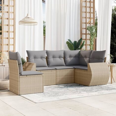 Salon de Jardin 5 Places en Résine Tressée Beige avec Coussins Détachables - Modulaire, Cadre Acier, Résistant aux UV (1/5)