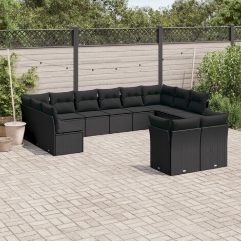 Salon de jardin 12 places en résine tressée noire avec coussins et rangement (1/3)