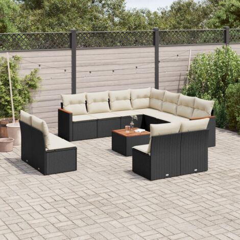 Ensemble salon de jardin 12 places en résine tressée noir avec coussins et rangement, table acacia, modulaire (1/3)