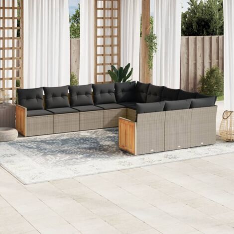 Ensemble de Jardin 11 Pièces en Résine Tressée avec Coussins Gris Amovibles et Lavables, Configuration Modulaire avec Espace de Rangement, Acier Enduit et Bois d'Acacia, Protection UV Recommandée (1/3)