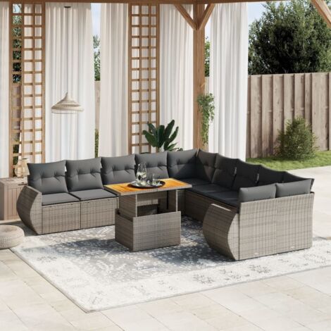 Canapé d'extérieur 11 pièces en résine tressée grise avec table extensible et coussins amovibles (1/3)