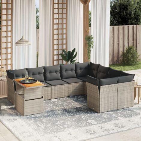 Salon de Jardin 10 Places en Résine Tressée Gris avec Table Relevable et Coussins Amovibles (1/3)