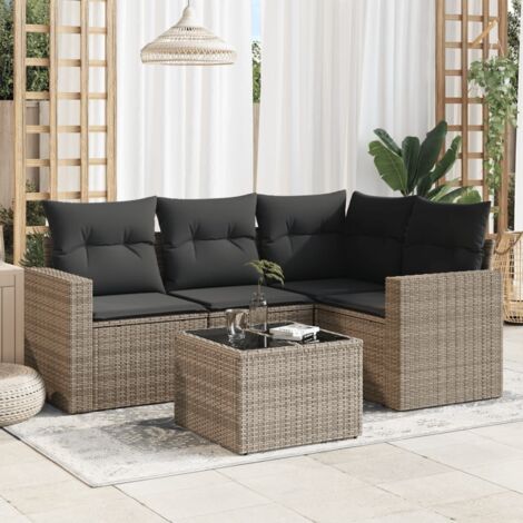 Ensemble de salon de jardin 5 pièces en résine tressée grise avec coussins et table en verre (1/3)
