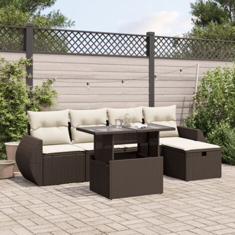 Salon de Jardin 6 Places Marron en Résine Tressée avec Coussins Crème, Table Réglable Verre Trempé et Tabouret Rangement (1/5)