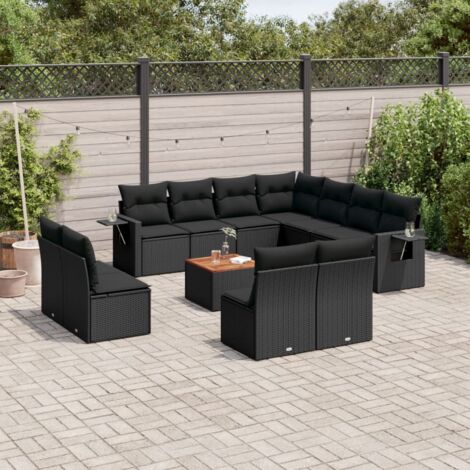 Ensemble canapés jardin 12 places résine tressée noir avec table acacia, coussins et rangement - 8 sièges centraux + 2 avec accoudoirs + 1 d'angle + 1 table - Design modulaire extérieur (1/3)