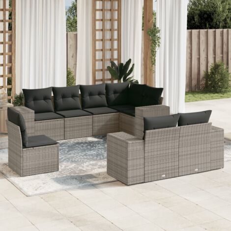 Salon de jardin modulaire 8 places en résine tressée gris avec coussins déhoussables, 4 canapés avec accoudoirs, 1 coin et 3 sièges centraux (1/5)