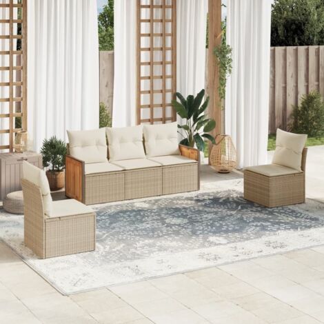 Ensemble Salon Jardin Modulaire 5 Places Beige en Résine Tressée - Canapé et Fauteuils avec Coussins Blanc Crème, Fonction Rangement (1/3)