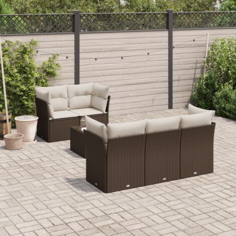 Ensemble salon de jardin marron 6 places avec table et coussins lavables, résine tressée et acier enduit de poudre, rangement sous l'assise (1/3)