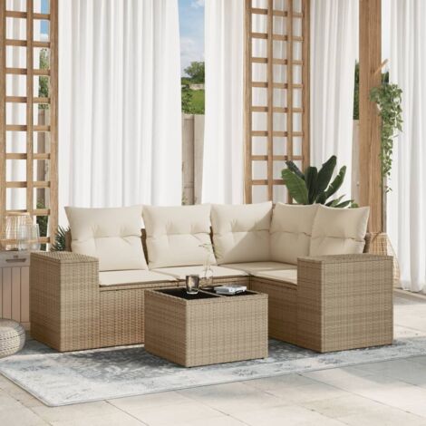 Ensemble Salon Jardin 5 Places Résine Tressée Beige avec Coussins et Table Verre Trempé Stockage Modulable (1/3)