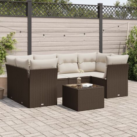 Salon de Jardin 7 Pièces en Résine Tressée Marron - Canapé d'Angle Modulaire avec Table Verre Trempé et Coussins Crème Lavables (1/3)