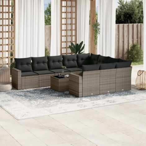 Ensemble Salon Jardin 11 Pièces Résine Tressée Gris avec Table Verre Trempé, Coussins Housse Amovible (1/3)