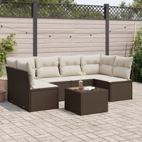 Salon de jardin en résine tressée marron 7 pièces avec coussins, table en verre trempé et rangements intégrés (1/3)