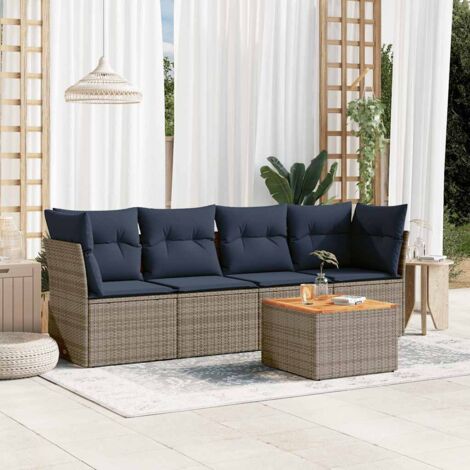 Ensemble salon de jardin en résine tressée gris 5 places, 2 coffres de rangement, table acacia, coussins bleu marine amovibles (1/5)