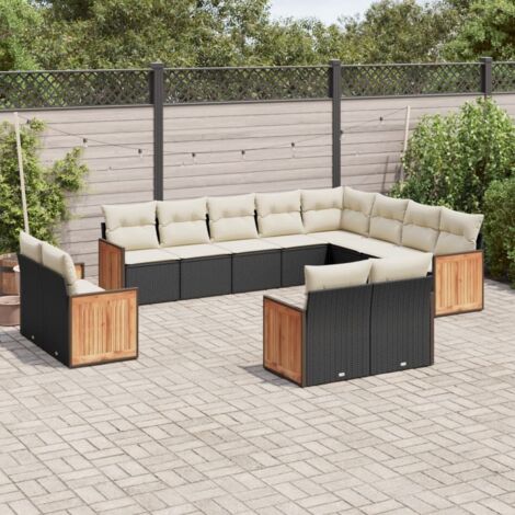 Ensemble salon jardin 12 places avec coussins en résine tressée noire - Meubles modulaires avec rangement (1/3)