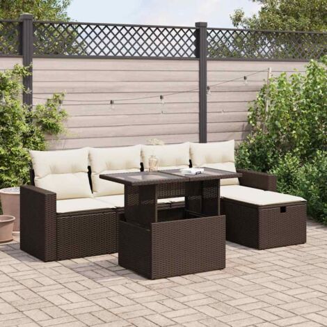 Salon de jardin en résine tressée marron avec 6 coussins crème, table et rangements intégrés (1/5)