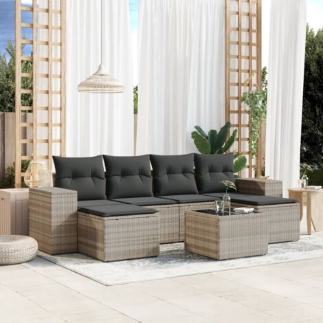 Ensemble salon de jardin modulaire 7 pièces en résine tressée gris clair avec coussins et verre trempé (1/3)