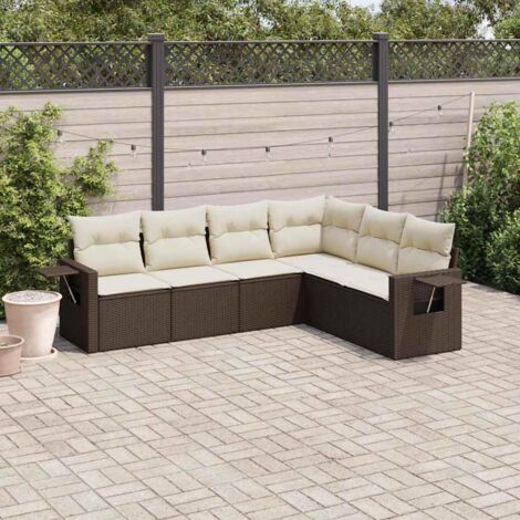 Salon de Jardin en Résine Tressée 6 Places Marron avec Coussins Crème (1/5)