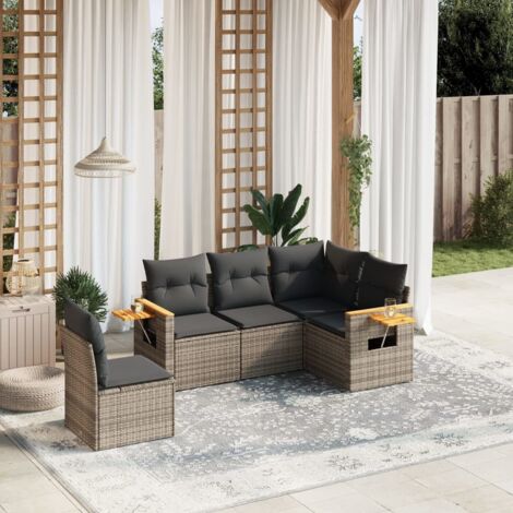 Salon de jardin 5 places en résine tressée gris - Ensemble modulaire avec coussins, rangement et table d'appoint (1/3)