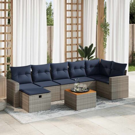 Ensemble Salon Jardin 8 Pièces Gris Résine Tressée avec Coussins Bleu Marine, Table Acacia et Rangements (1/5)