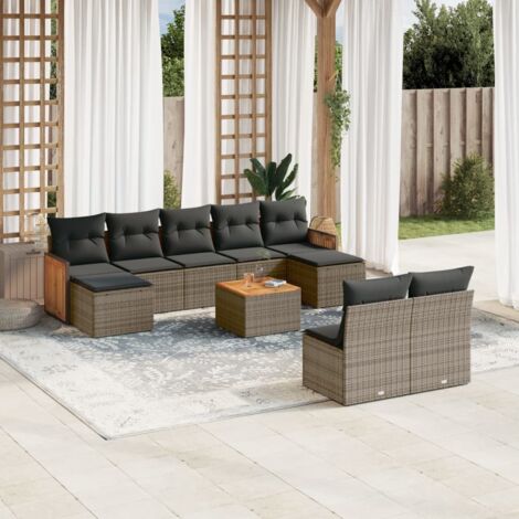 Ensemble salon de jardin en résine tressée gris 10 pièces avec table et coussins amovibles (1/3)