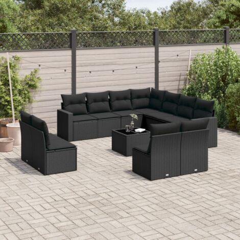Salon de jardin 12 places résine tressée noir avec rangements et verre trempé, 11 coussins lavables et housses amovibles (1/3)