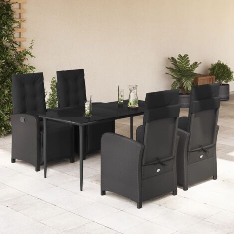Ensemble Jardin 5 Pièces Noir Résine Tressée avec Coussins, Table Verre Trempé 160x80cm, Chaises Réglables (1/5)