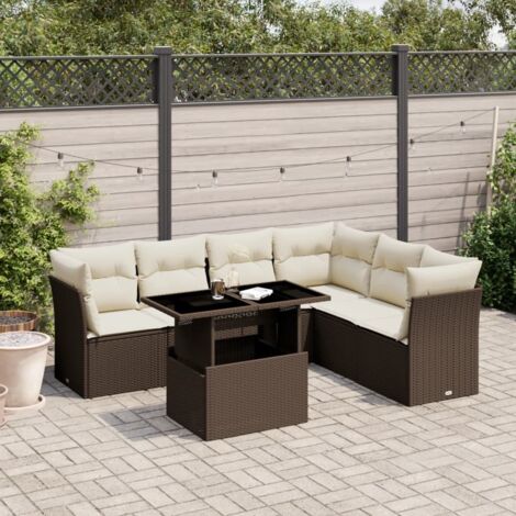 Ensemble Salon de Jardin 7 Places en Résine Tressée Marron avec Coussins Crème et Table à Hauteur Réglable (1/5)