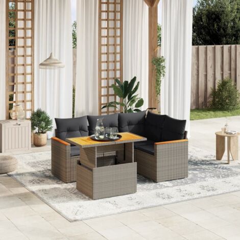 Ensemble Salon de Jardin 5 Pièces en Résine Tressée Gris avec Coussins, Table Réglable Hauteur (1/3)