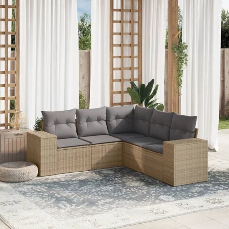 Ensemble Salon Jardin 5 places Résine Tressée Beige + Coussins Gris Coussins Amovibles Lavables Stockage Eau (1/3)