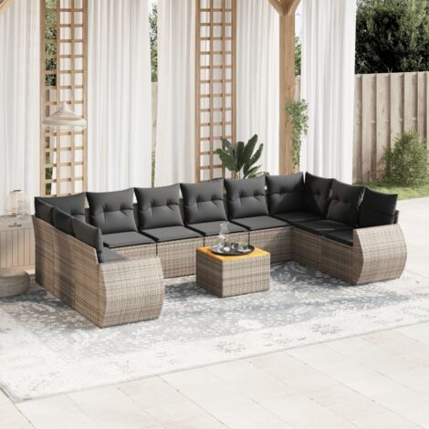 Salon de Jardin 11 Pièces en Résine Tressée Gris avec Coussins et Table Acacia - Ensemble Modulaire de Jardin pour Terrasse et Jardin (1/3)