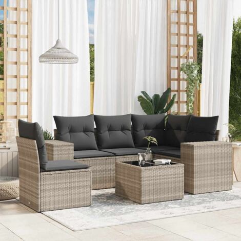 Salon de Jardin 6 Pièces en Résine Tressée Gris Clair avec Table en Verre Trempé et Coussins - Ensemble Modulaire Confortable pour Terrasse et Jardin (1/5)