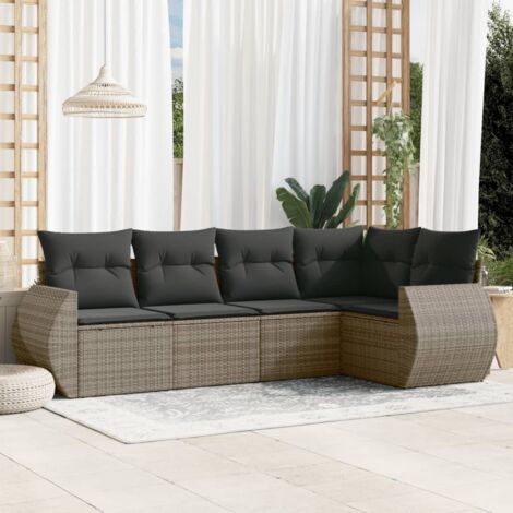 Salon de Jardin 5 Places Modulable en Résine Tressée Gris avec Coussins Lavables (1/5)