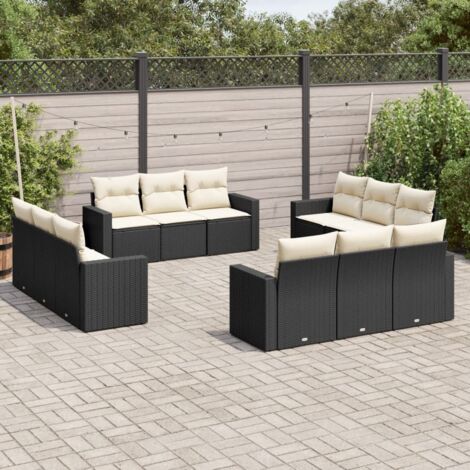 Ensemble de salon de jardin modulaire 12 places noir résine tressée avec coussins blanc crème amovibles et lavables pour terrasse extérieure (1/3)