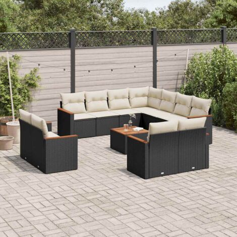 Ensemble de salon de jardin modulaire 12 places en résine tressée noire avec table en acacia et coussins crème lavables, inclut rangement et pieds réglables. (1/3)