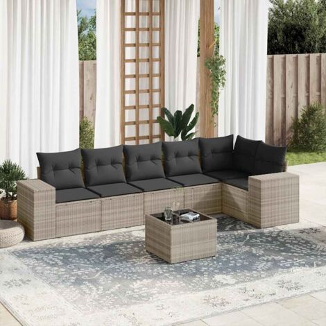 Salon de jardin 7 places en résine tressée gris clair avec table en verre et coussins amovibles, canapé d'angle et fauteuils (1/5)