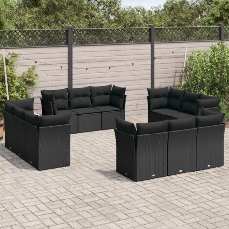 Ensemble Salon Jardin 12 Places Modulable Résine Tressée Noir avec Coussins Lavables (1/3)