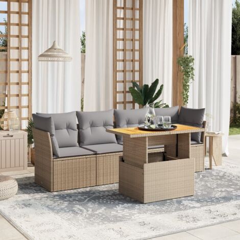 Ensemble de jardin en résine tressée beige, 5 pièces (2 fauteuils d'angle, 2 fauteuils, 1 table extensible) avec coussins gris lavables (1/3)