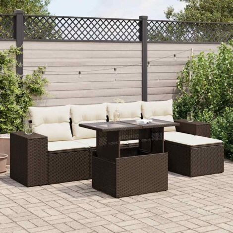 Canapé d'extérieur 6 places en résine tressée marron avec table ajustable et rangement intégré (1/5)