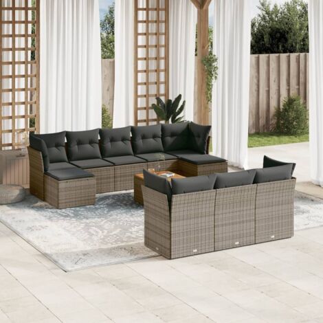 Ensemble de salon de jardin 11 pièces en résine tressée grise avec coussins amovibles, table en acacia massif et repose-pieds, modulaire, UV résistant (1/3)