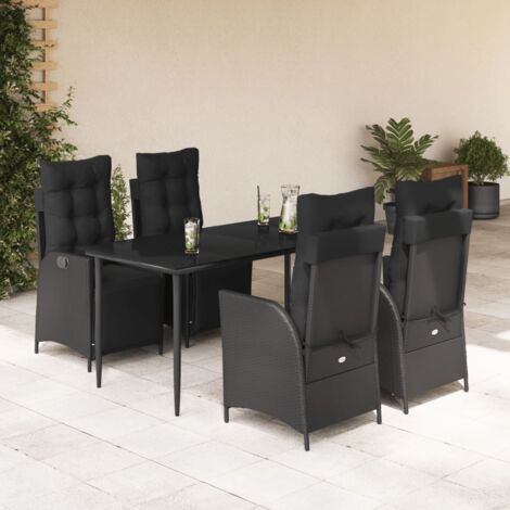 Ensemble de Jardin 5 Places Noir avec Coussins - Table en Verre Trempé 160x80cm + 4 Fauteuils Relax en Résine Tressée (1/5)