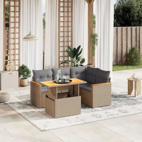 Salon de Jardin 5 Pièces en Résine Tressée Beige - Canapé d'Angle, Siège, Table Réglable avec Coussins Gris Lavables [Set Modulable] (1/3)