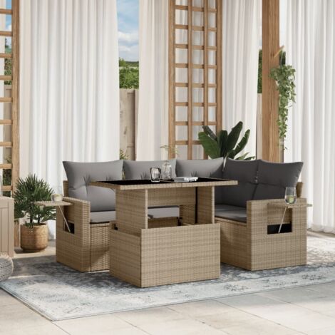 Ensemble de Salon de Jardin 5 Places en Résine Tressée Beige avec Coussins Gris, Table Réglable et Accoudoirs à Tablette (1/5)