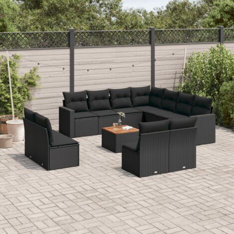 Ensemble de salon de jardin 12 places en résine tressée noire, avec table en acacia massif et coussins lavables (1/5)