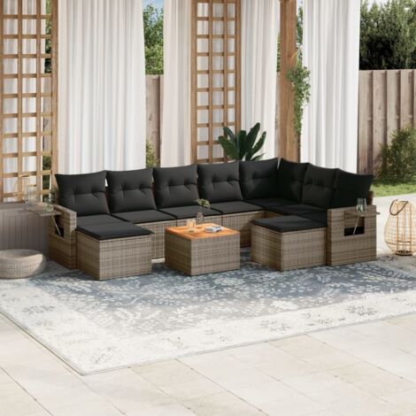 Ensemble de jardin modulaire 10 pièces gris polyrotin avec rangement, Acacia, 110kg/siège (1/3)