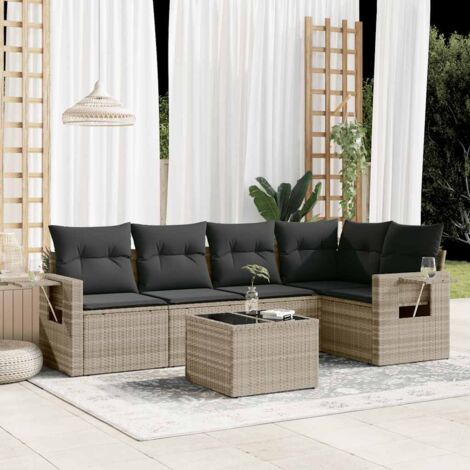 Canapé d'extérieur 6 places modulable en résine tressée gris clair avec coussins et table en verre trempé (1/5)
