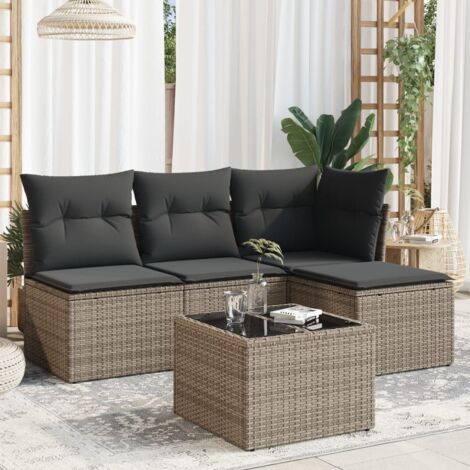Ensemble Salon de Jardin 5 Pièces en Résine Tressée Gris avec Coussins, Table Verre Trempé, Modulable, Housses Lavables (1/3)