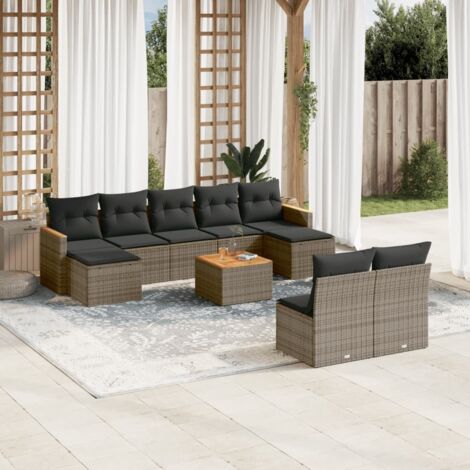 Ensemble de salon de jardin modulaire, 10 pièces, gris, résine tressée, avec housses de coussins amovibles, rangement et table en acacia (1/3)