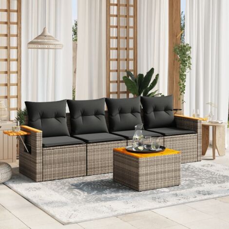 Ensemble de jardin 5 pièces canapé résine tressée gris avec coussins et table acacia (1/5)