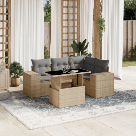 Ensemble Salon Jardin 5 Places en Résine Tressée Beige avec Table et Coussins (1/5)