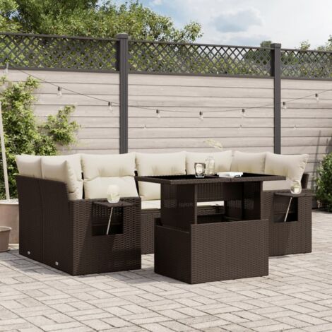 Salon de Jardin 7 Places en Résine Tressée Marron avec Table Réglable et Coussins (1/5)